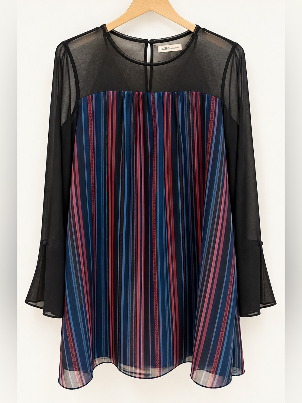 BCBGeneration Size S Sheer Long Sleeve Striped Shift Dress Black Blue Burgundy